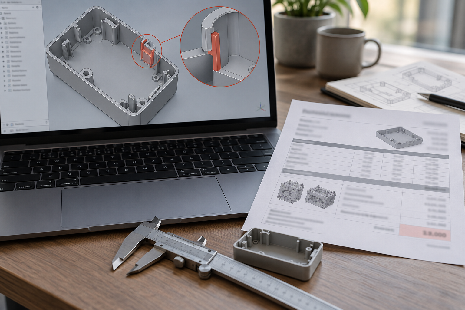 一张办公桌上摊开的注塑件 3D 模型截图与旁边的模具报价单,模型上标注着卡扣、倒扣和壁厚区域