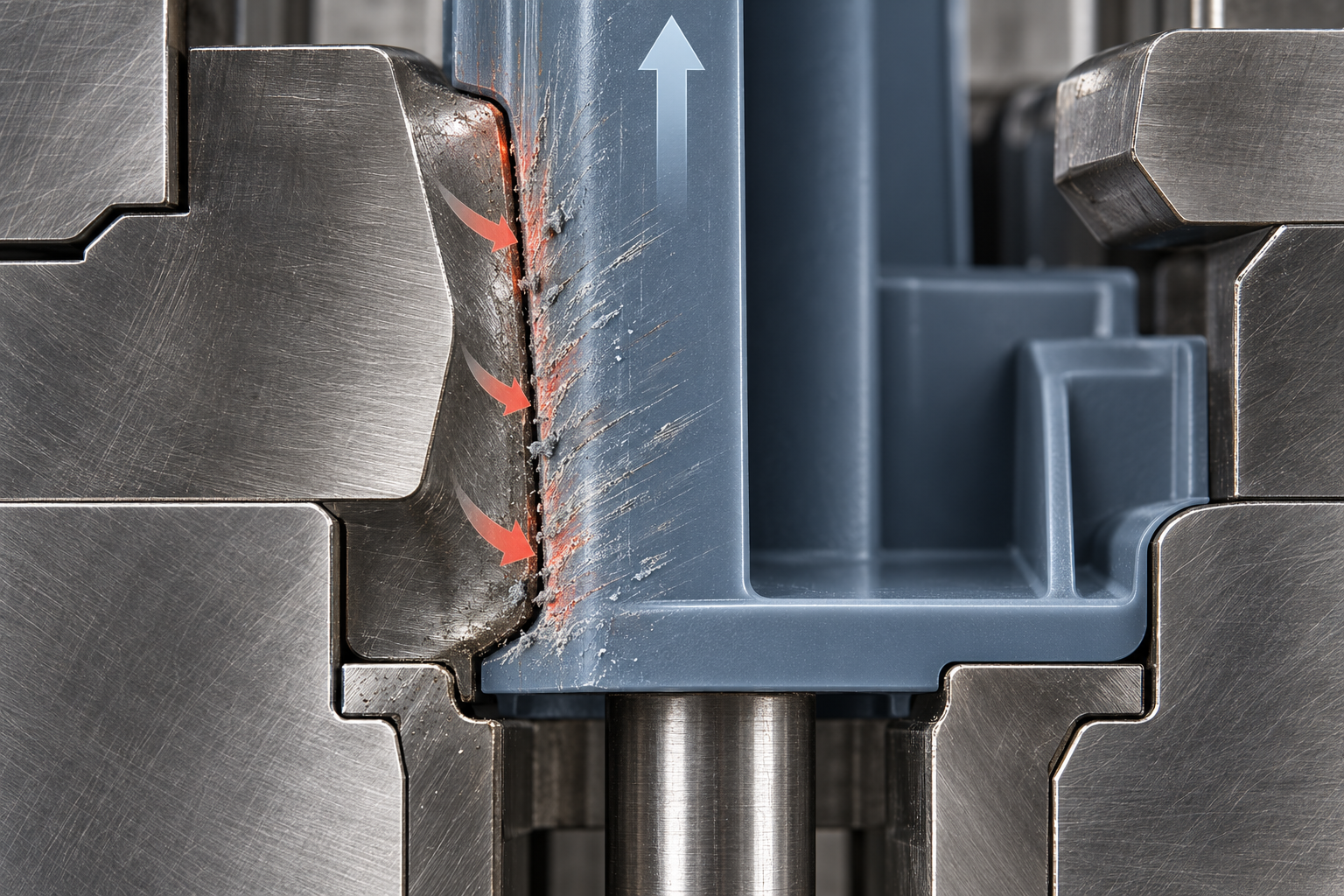 注塑件拔模角不足导致脱模拉伤的模具局部剖视图