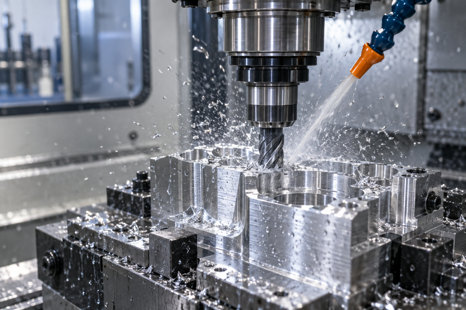 CNC-Präzisionsbearbeitungszentrum beim Fräsen eines Metallwerkstücks