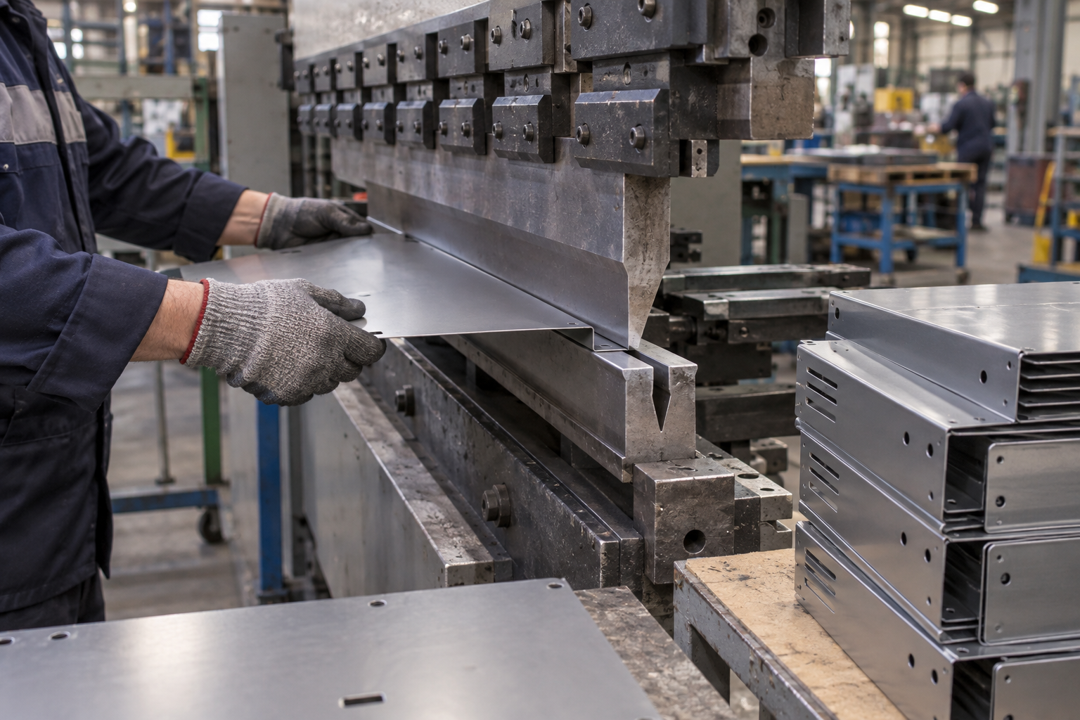 In der Blechwerkstatt biegt eine Biegemaschine gerade ein Metallblech; daneben sind bereits gebogene Gehäuseteile zu sehen