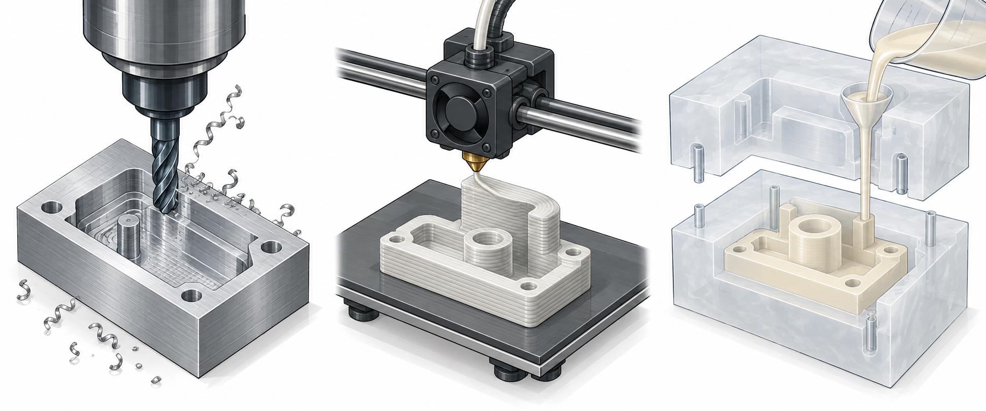 Vergleichsdarstellung der drei Handmusterverfahren CNC, 3D-Druck und Vakuumguss