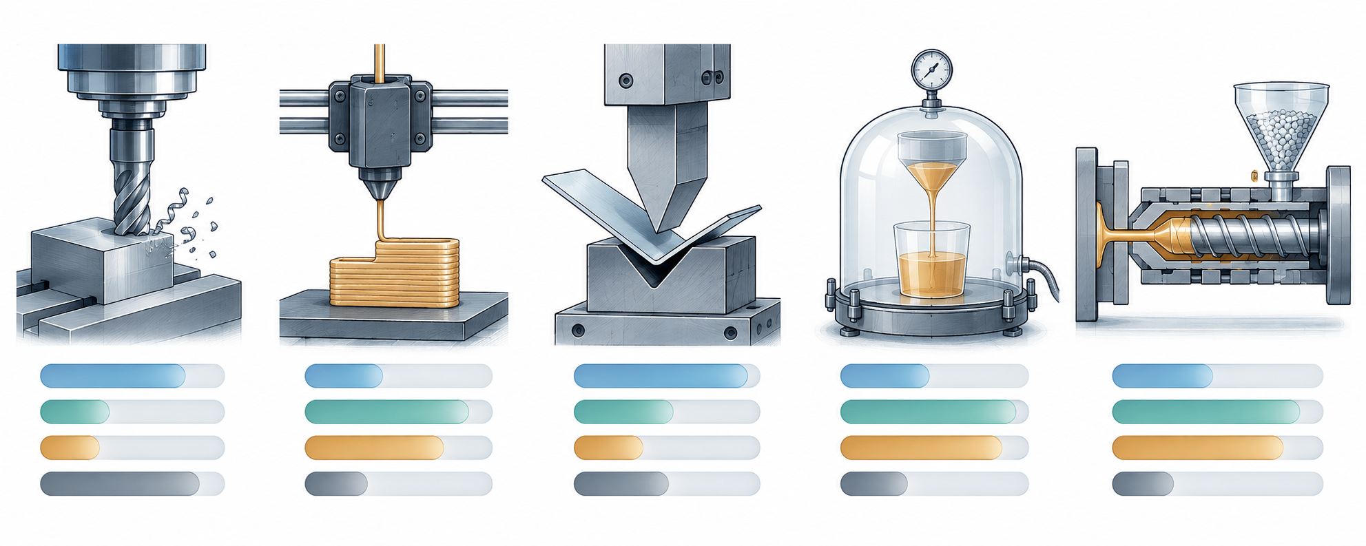 Schematische Darstellung der bidirektionalen Zuordnung von Verfahren und Material: Präferenzen von CNC, 3D-Druck, Blechbearbeitung, Vakuumguss und Spritzguss hinsichtlich der Materialeigenschaften