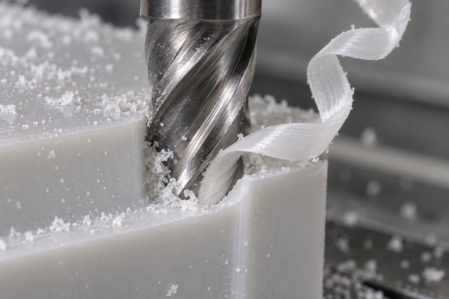 Gros plan macro du contact entre copeau de PVC et outil
