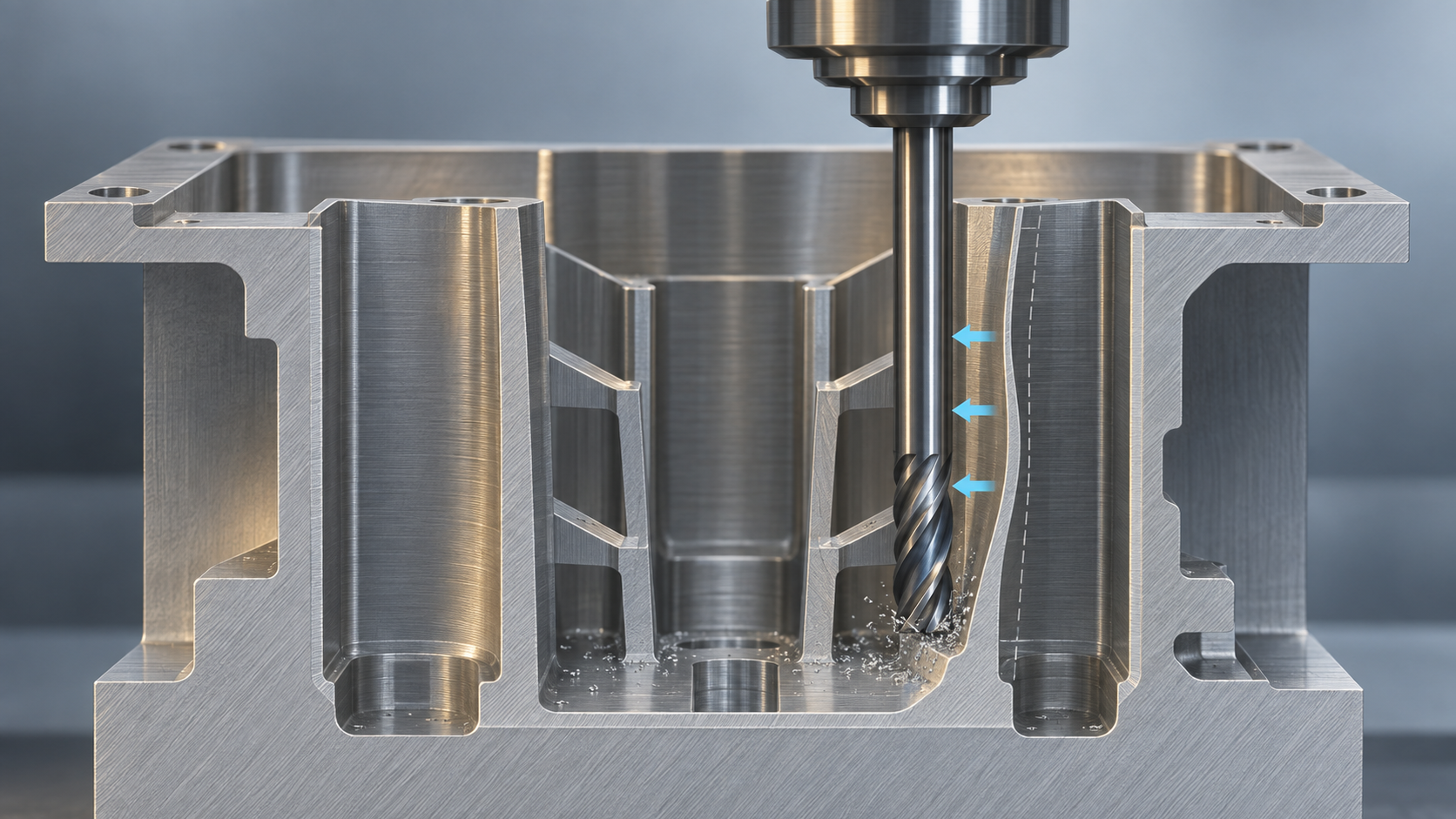 Schematische Darstellung von Werkzeugausweichen und Rattern bei dünnwandigen tiefen Kavitäten in der CNC-Bearbeitung, Vergleich von Werkzeugüberhang und Stützstruktur