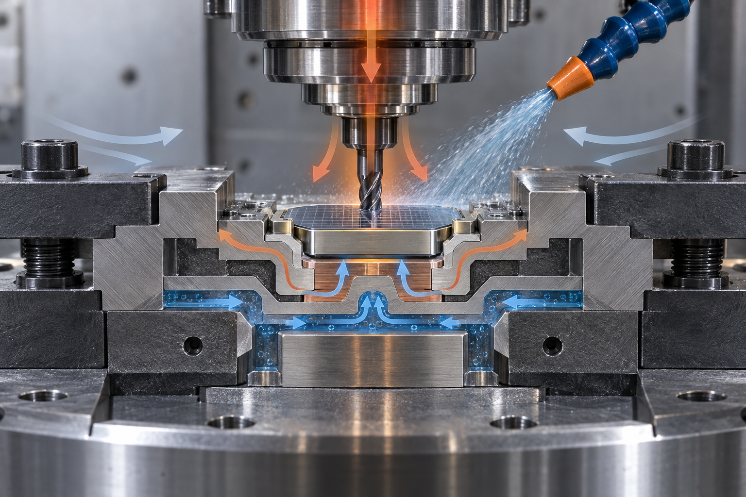 Schematische Darstellung der Maßdrift von Halbleiterbauteilen durch Wärmedeformation bei der CNC-Bearbeitung