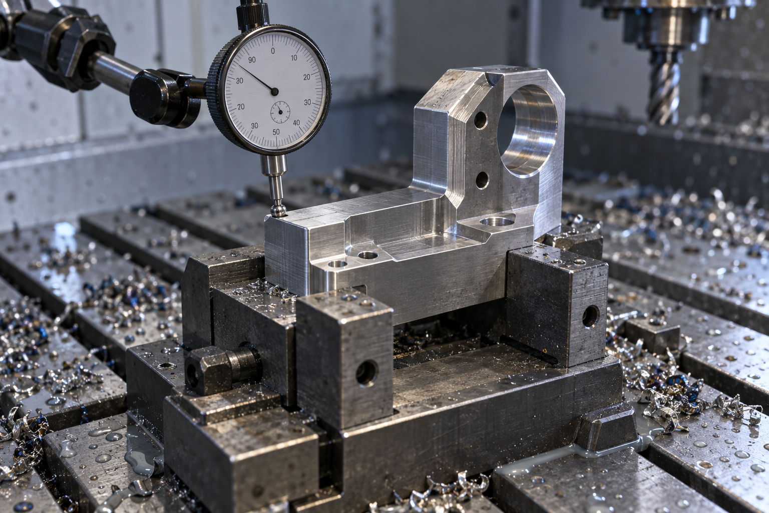 CNC マシニングセンタ上での非標準部品のクランプと基準面の示意