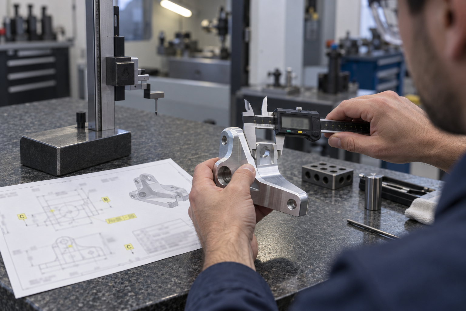Am Prüftisch misst ein Ingenieur mit Messschieber und Höhenmessgerät ein CNC-bearbeitetes Aluminiumteil; daneben liegt eine Zeichnung mit markierten Bezügen und kritischen Maßen