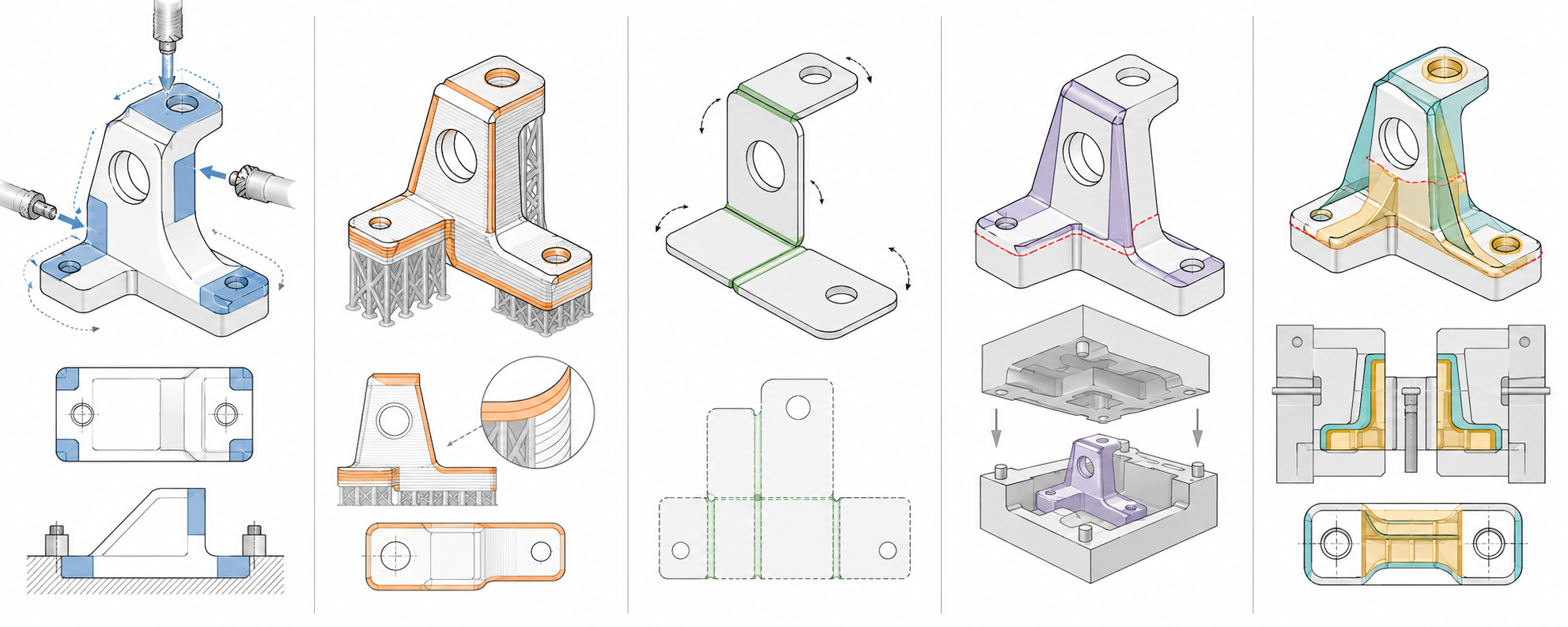 对比示意图:同一张工程图在 CNC、3D 打印、钣金、手板复模、注塑五种工艺下各自被关注的信息点