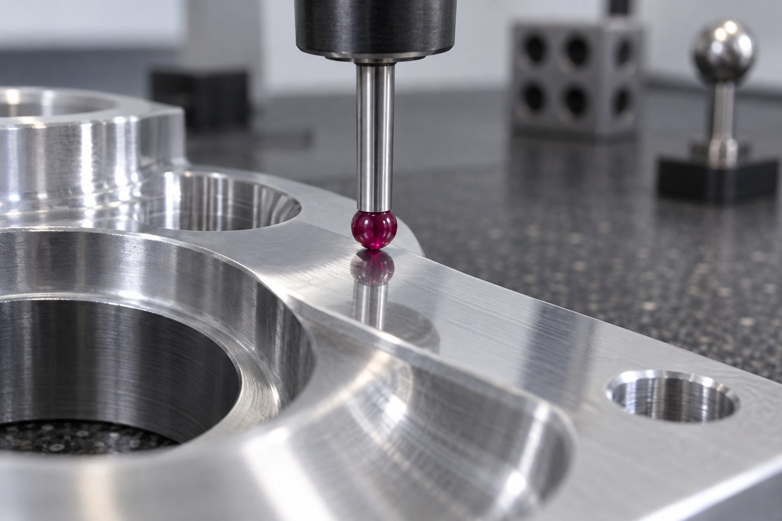 Extreme macro close-up of a CMM ruby stylus slowly approaching and contacting the surface of a precision-machined metal part