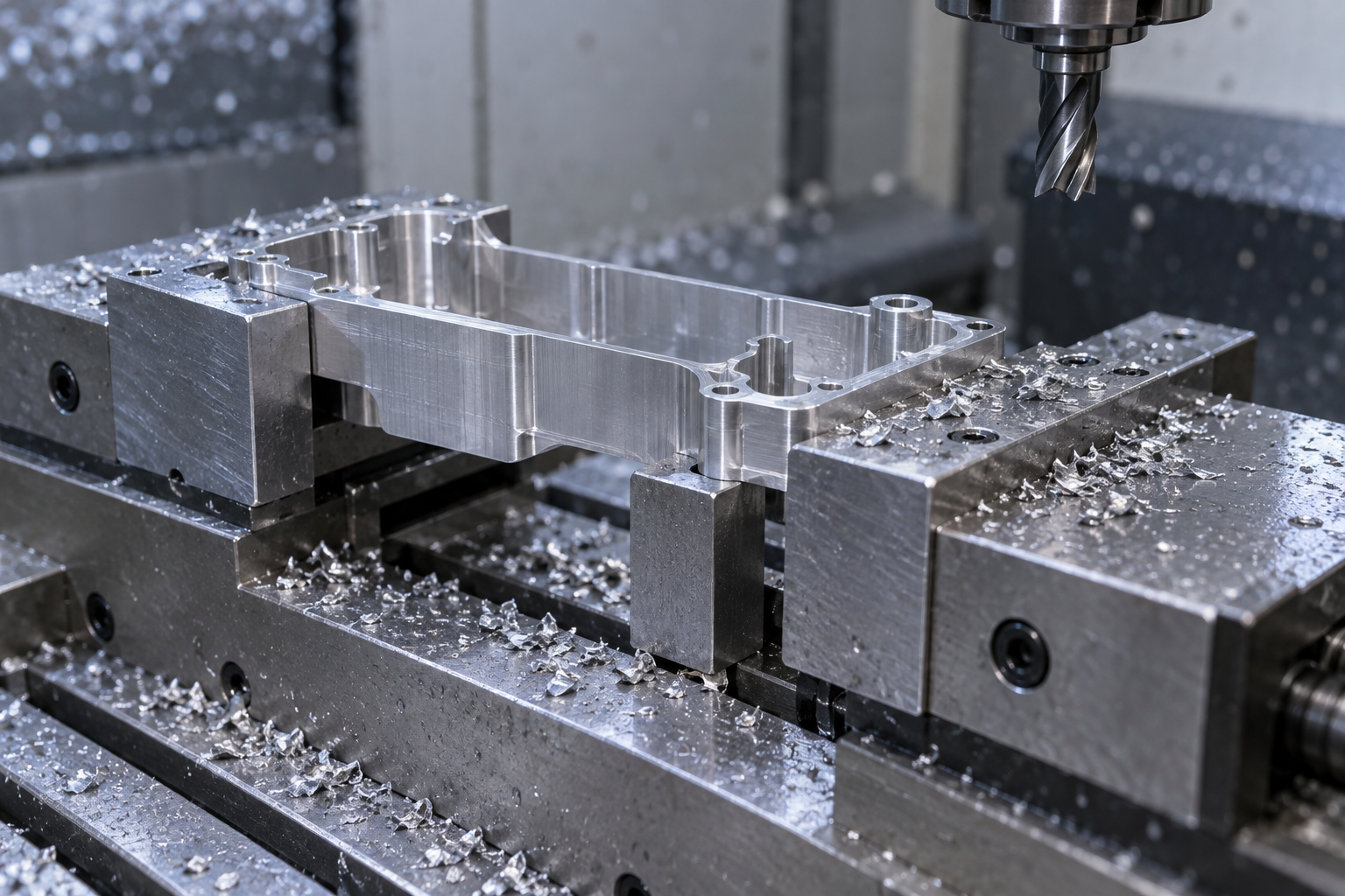 Close-up of a thin-walled part clamped on a CNC machine using soft jaws and auxiliary support