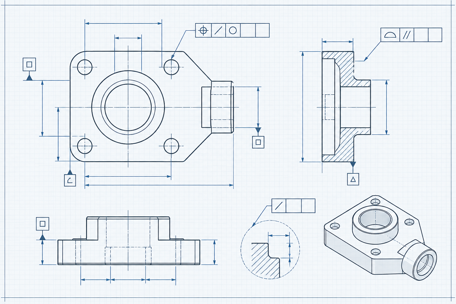 Datum symbols, feature control frames, and tolerance chain schematic annotated on an engineering drawing