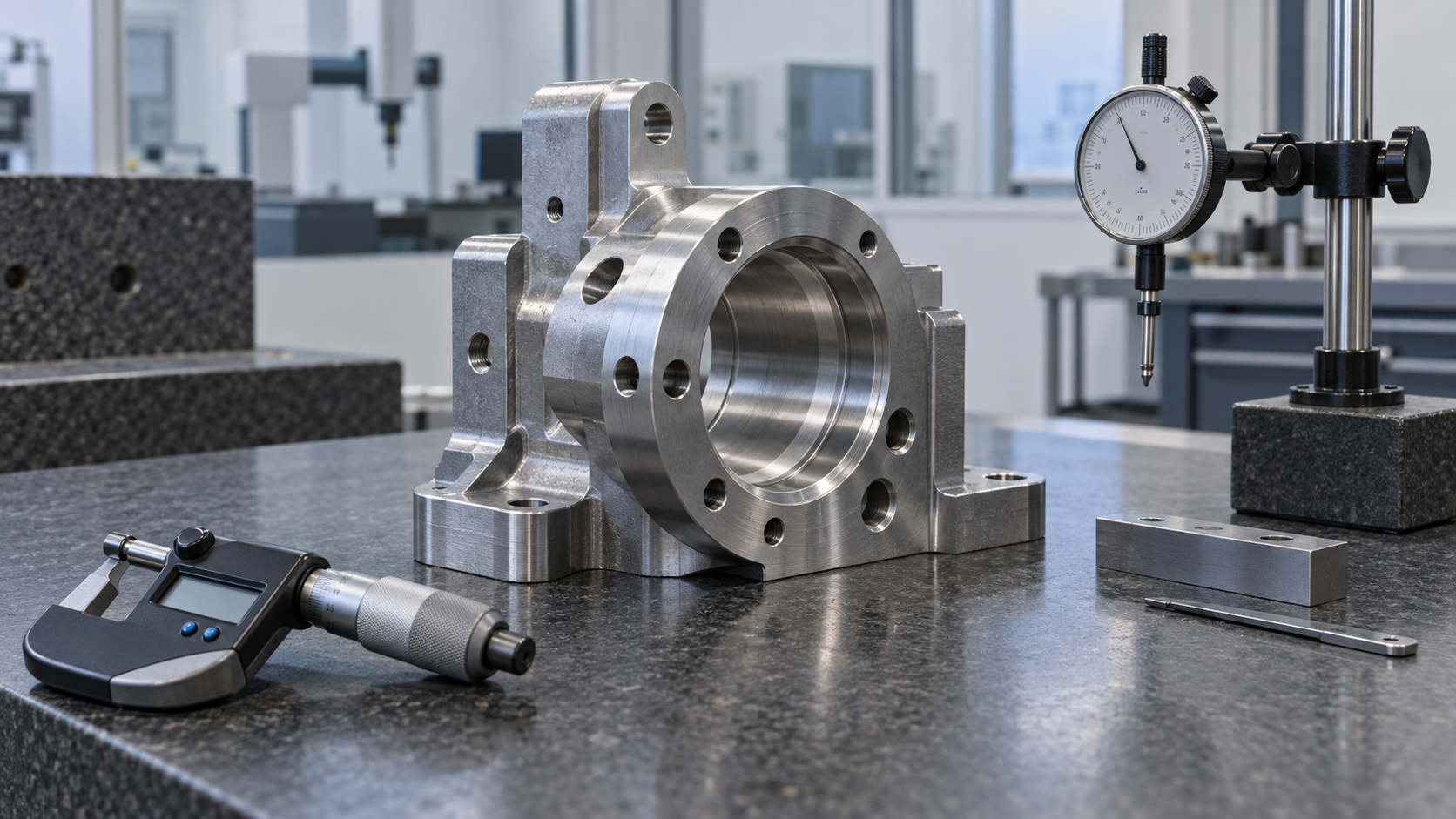 On-site schematic of micron-level precision parts being machined in a constant-temperature workshop, including the machine tool, parts, and measuring equipment