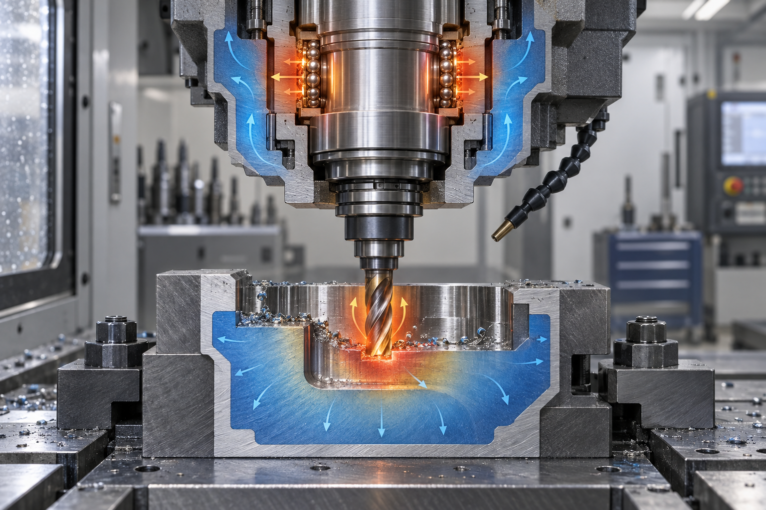 Schematic of thermal deformation of a machine tool spindle and workpiece under a temperature gradient in a shop