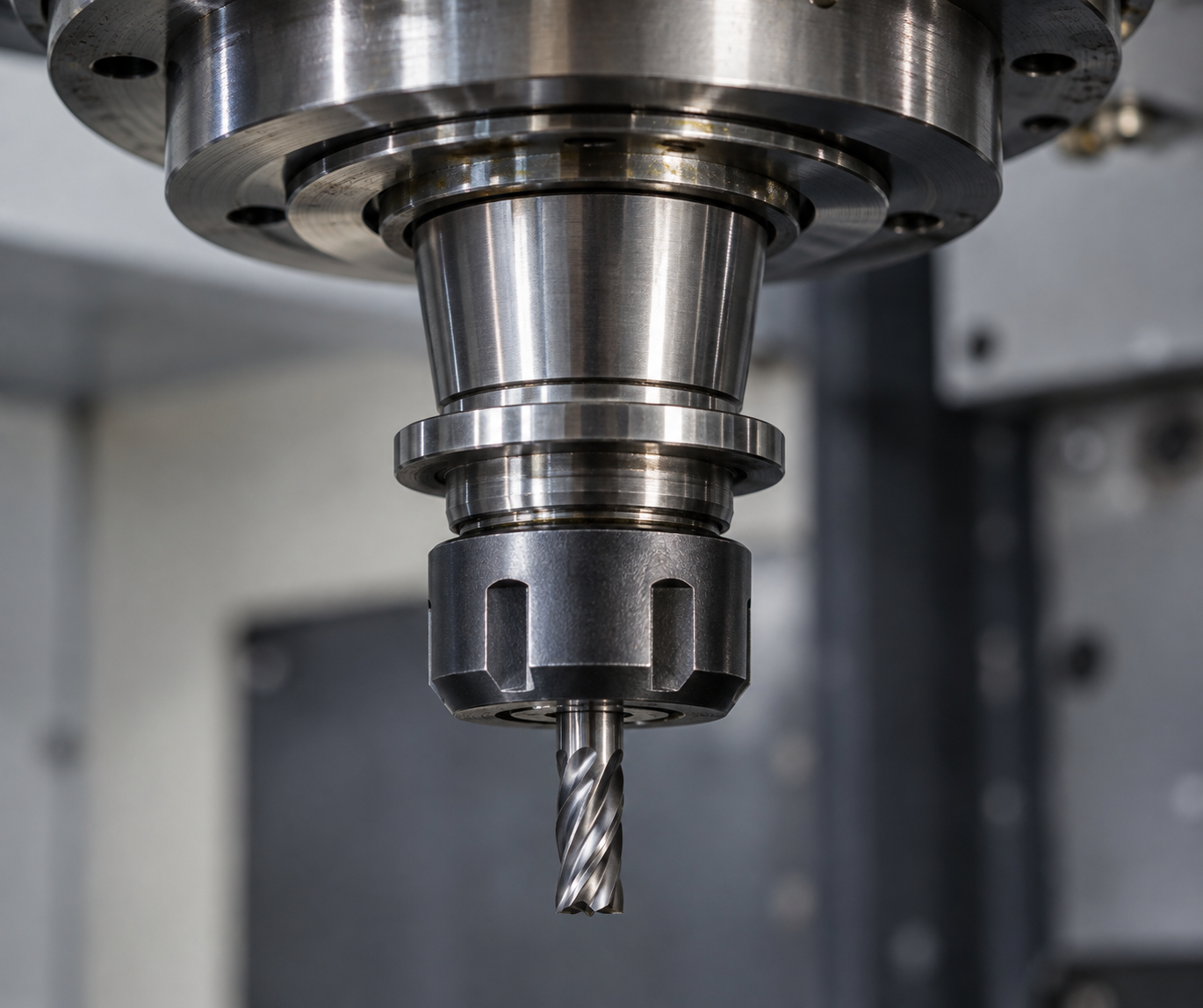 Macro close-up of the spindle and tool holder mating area of a high-precision machining center, showing the relationship between the clamping surface and tool runout