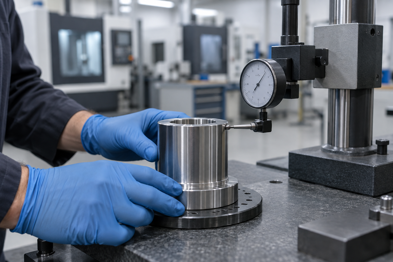 Close-up of a cylindrical part being checked for roundness with a dial indicator and roundness measuring instrument on a workshop inspection bench, with machine tools in a temperature-controlled workshop in the background