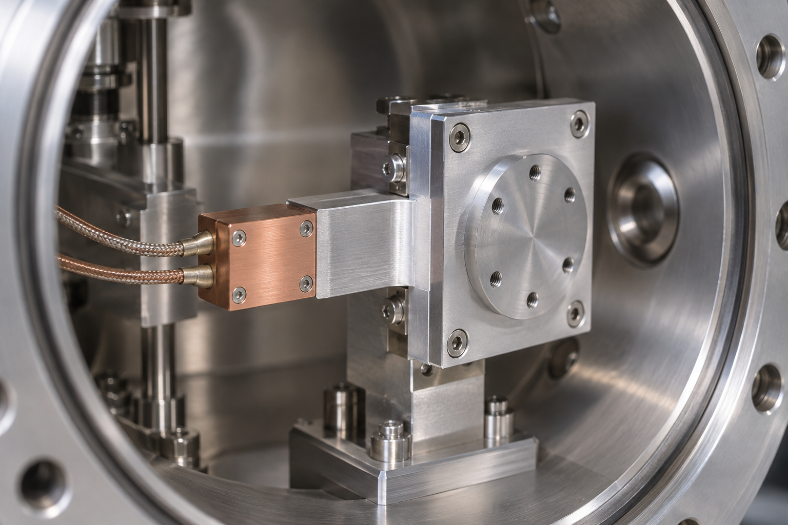 Primer plano de una estructura metálica de precisión dentro de una cámara de vacío, mostrando la ruta de conducción térmica y el estado del tratamiento superficial