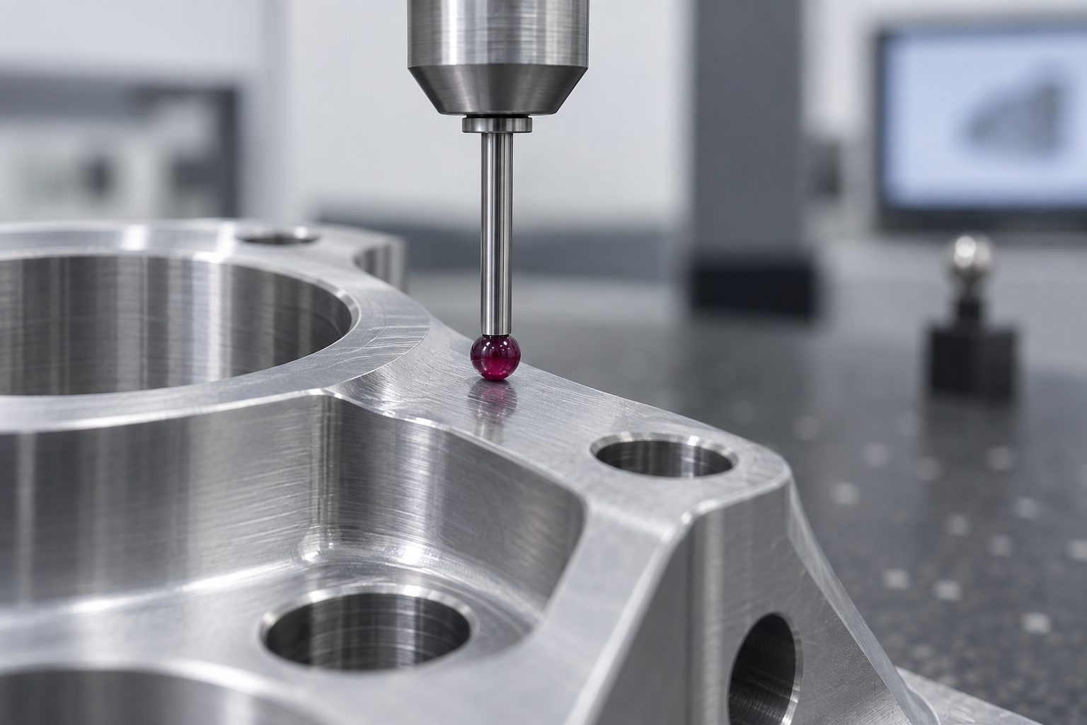 Primer plano de la sonda de una máquina de medición por coordenadas tomando puntos de coordenadas sobre la superficie de una pieza metálica de precisión