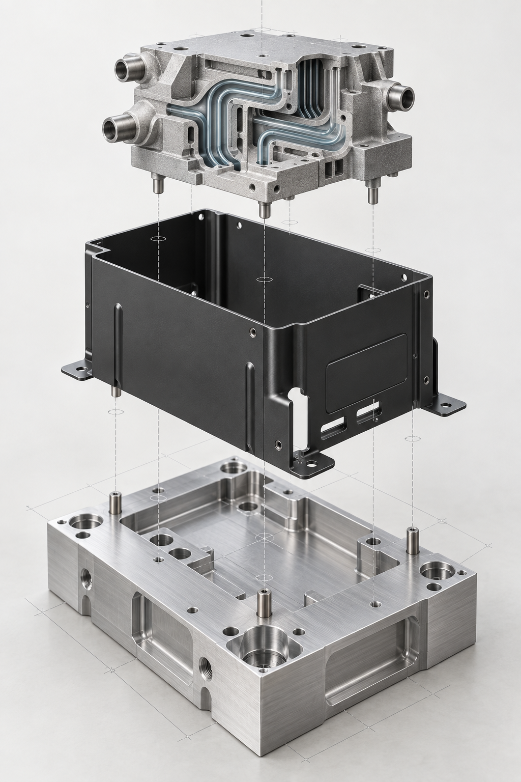 Esquema de la combinación de piezas de distintos procesos dentro de un mismo conjunto: estructura principal mecanizada por CNC, cubierta de chapa metálica y bloque de canales de flujo fabricado por adición