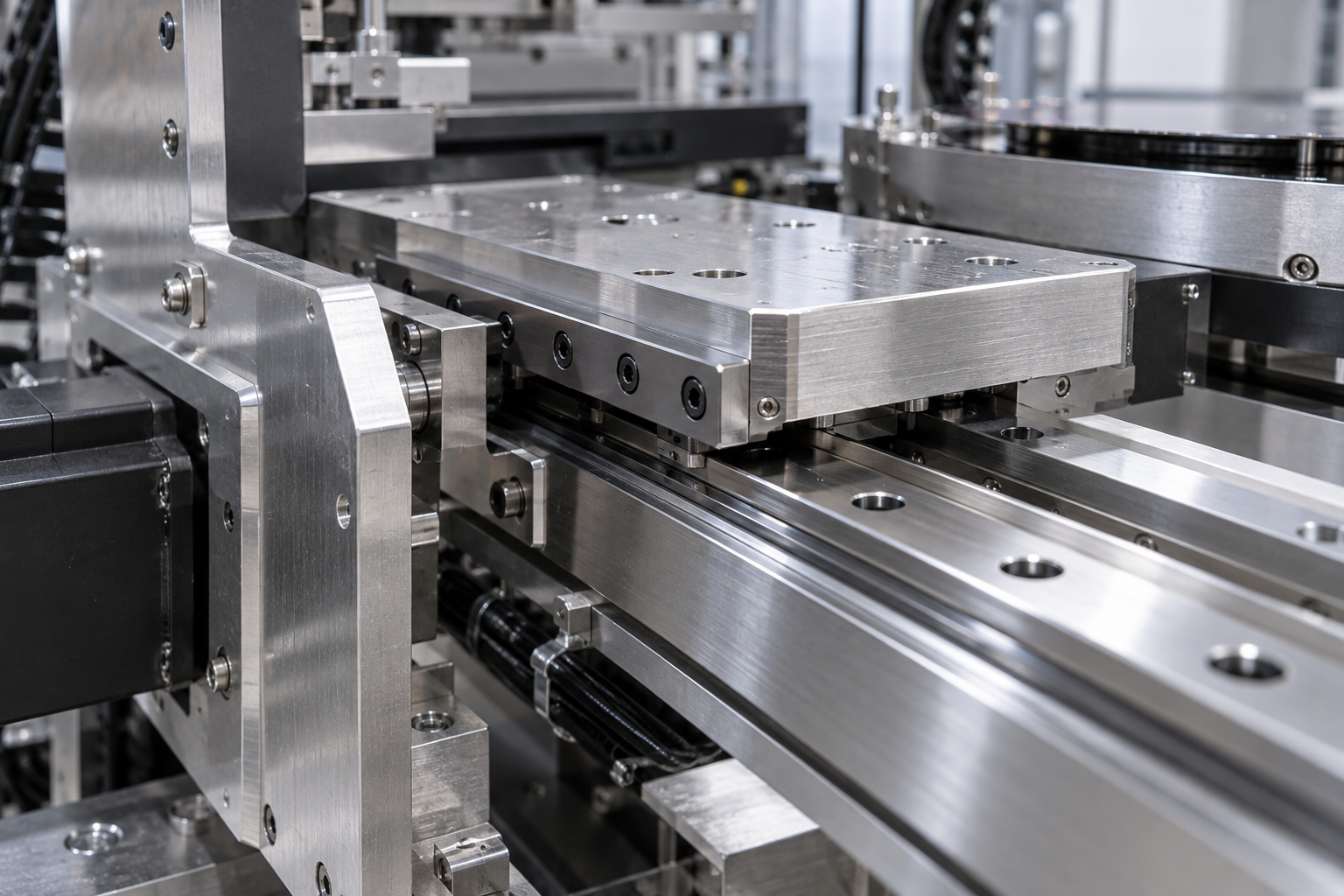 Primer plano parcial de una plataforma de movimiento de precisión que soporta obleas en equipos semiconductores, mostrando la relación de montaje entre guías lineales, caras de referencia y piezas estructurales
