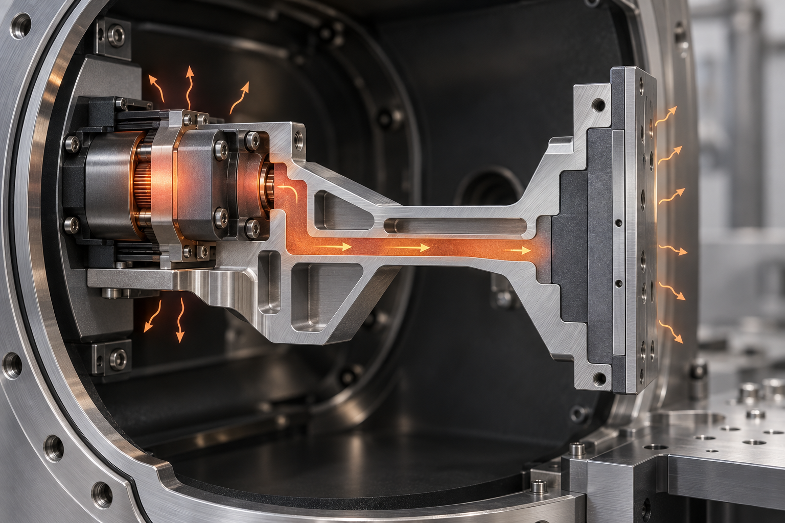 Sección esquemática de una pieza estructural metálica de precisión dentro de una cámara de vacío: ruta de conducción térmica desde la fuente de calor hasta la cara funcional clave, zona de material de baja expansión y estado del tratamiento superficial