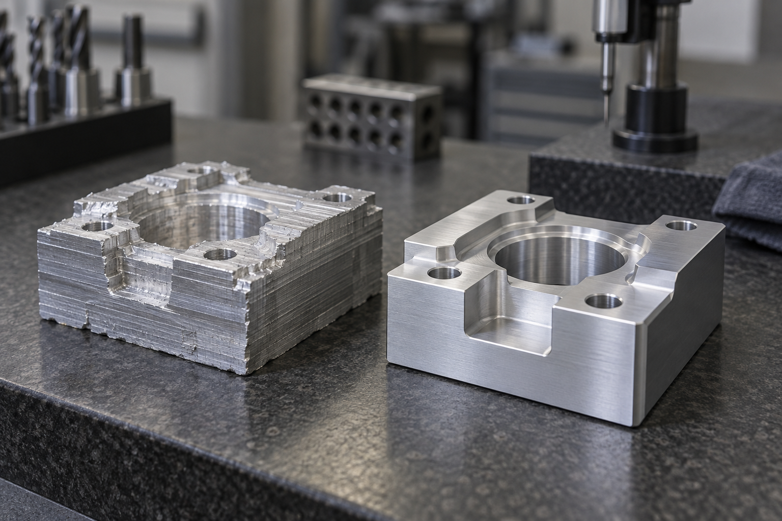 Aluminiumteil nach der Grobbearbeitung zum Spannungsabbau abgelegt, daneben ein fertig feinbearbeitetes Teil zum Vergleich