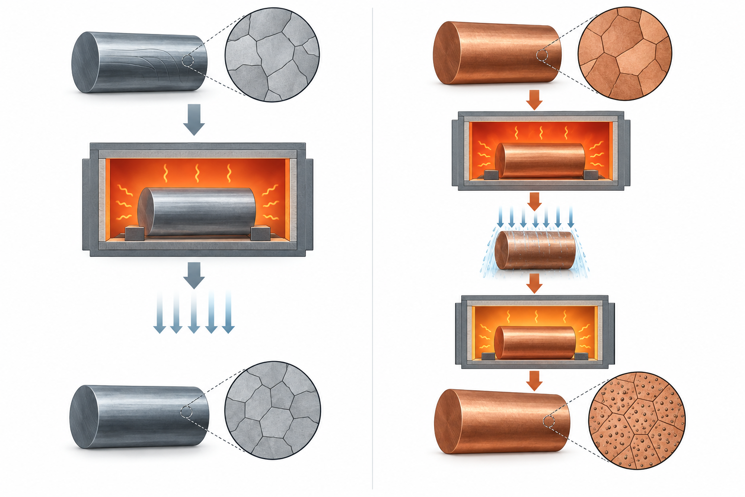 Schematischer Vergleich von Gefüge und Spannungszustand von Titan- und Kupferlegierungsteilen vor und nach der Wärmebehandlung