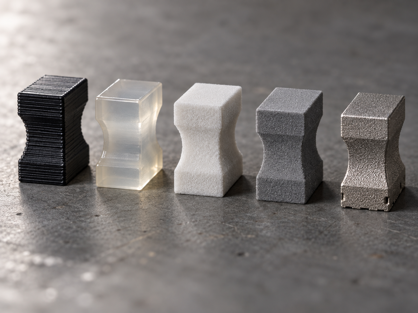 Comparación lado a lado de muestras de cinco procesos de impresión 3D: líneas de capa de FDM, resina lisa de SLA, nailon con textura de polvo de SLS, superficie uniforme de MJF y pieza metálica de DMLS
