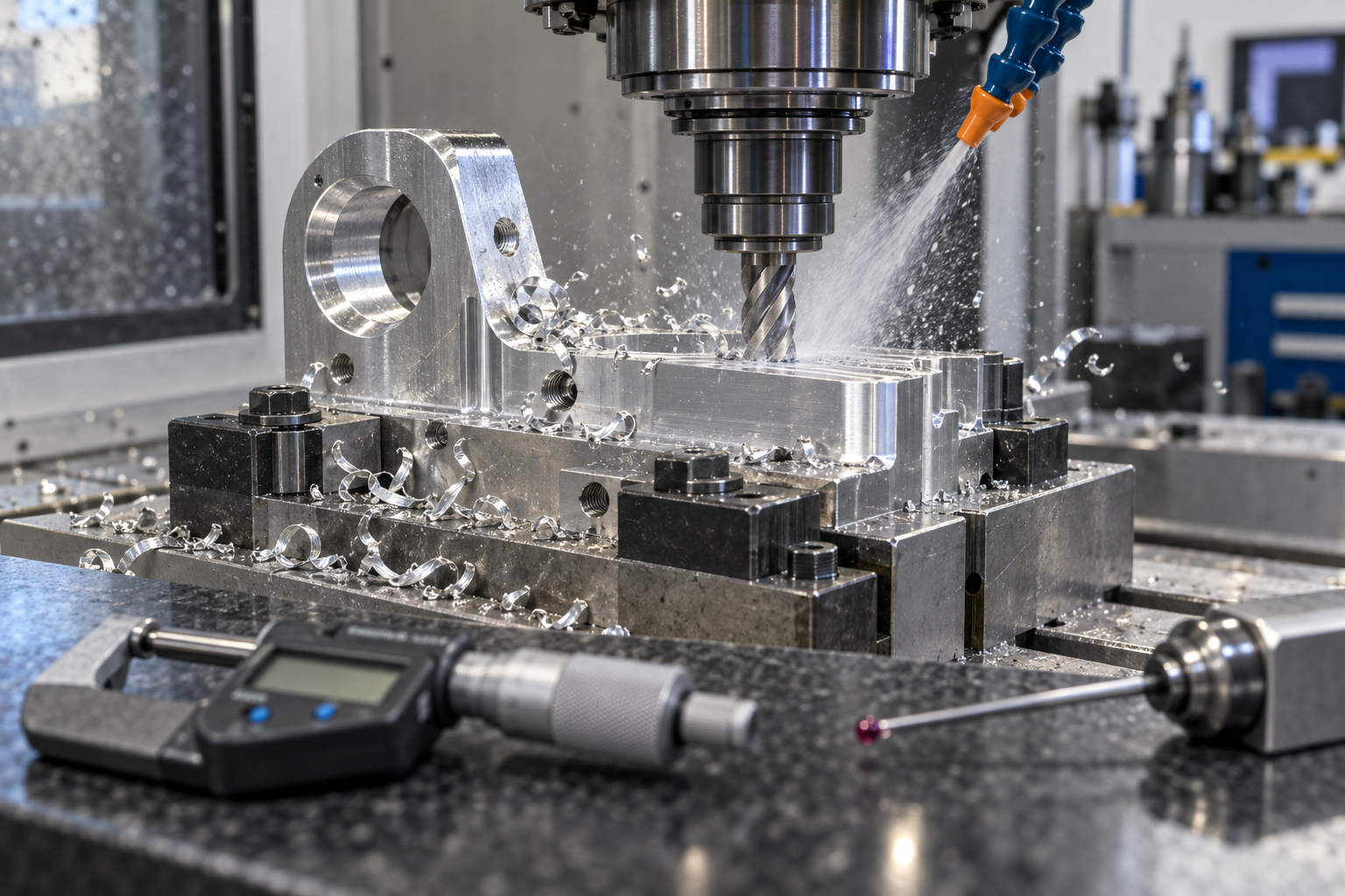 A CNC machining center is finish milling the mating surface of an aluminum bracket, with a micrometer and a CMM probe placed nearby