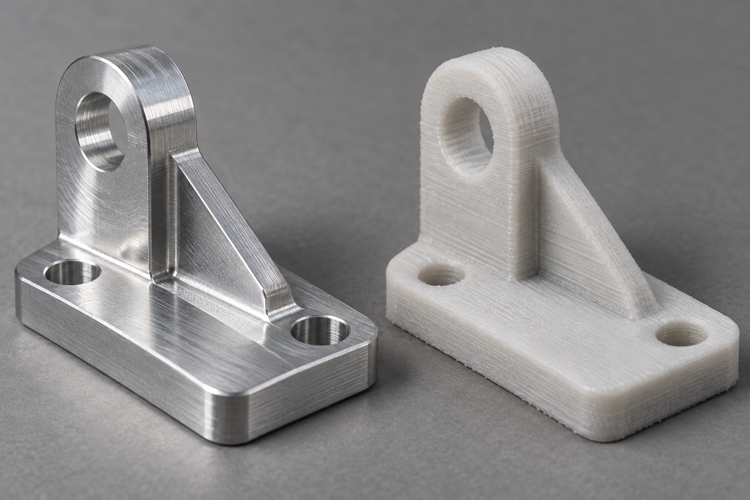 CNC-machined metal parts and 3D-printed plastic parts displayed side by side, showing the difference between print layer lines and machined surfaces