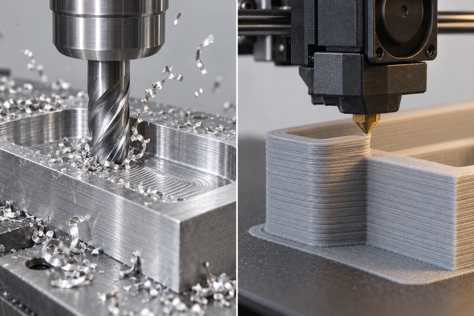 Side-by-side comparison illustration of CNC milling cutter cutting a metal blank versus 3D printing layer-by-layer deposition