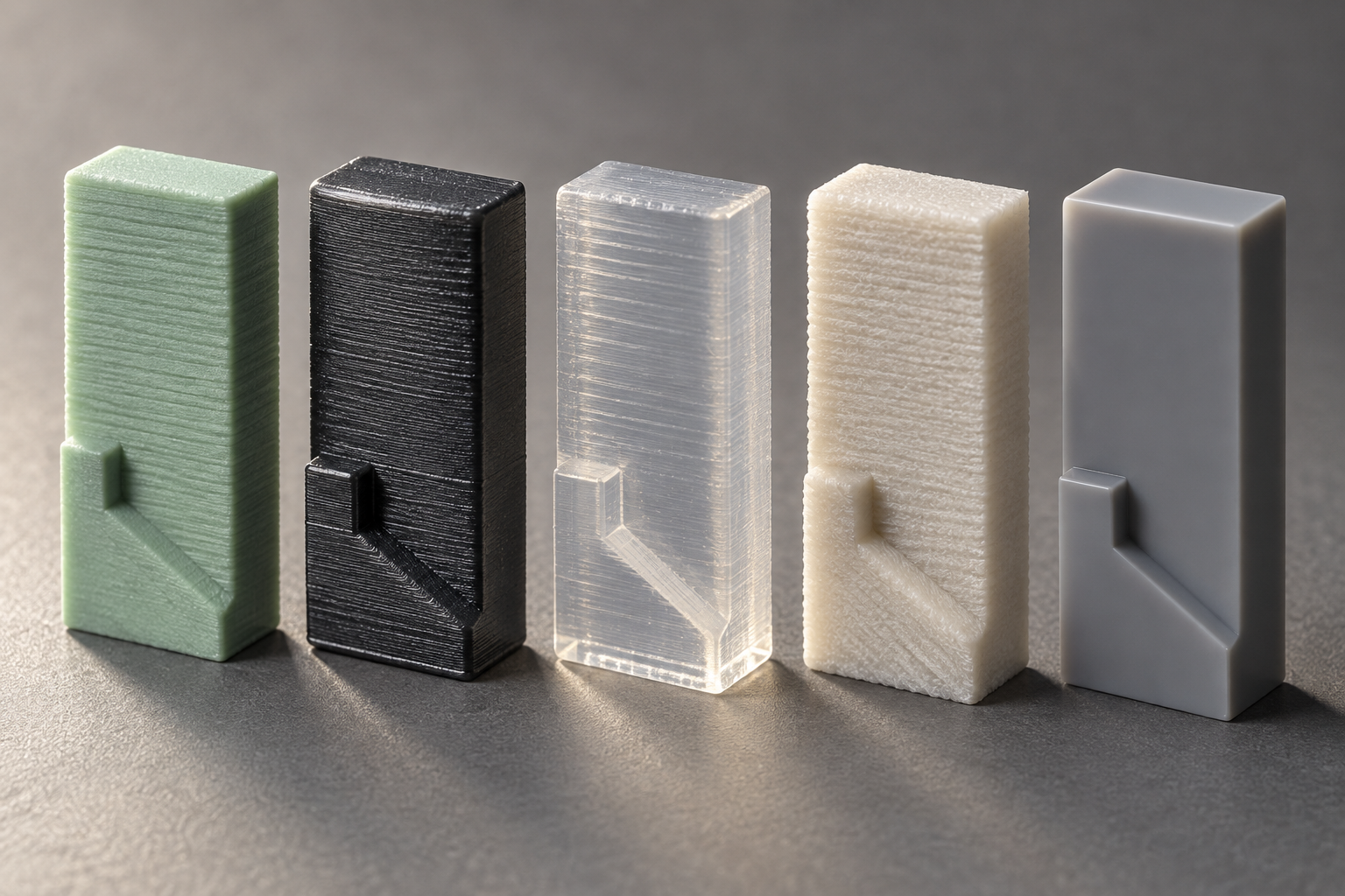 Fünf 3D-Druck-Materialproben im direkten Vergleich nebeneinander, die Unterschiede in Oberflächentextur und Farbe zeigen