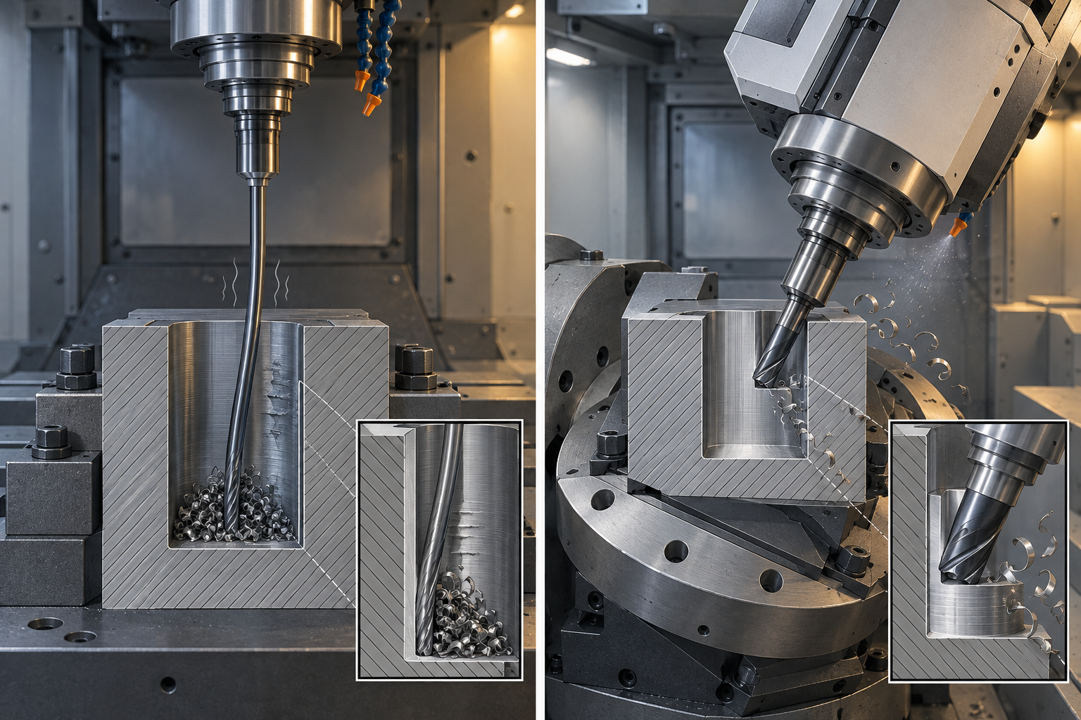 Schematic of tool posture for a five-axis tilting-head machining a deep-cavity side wall, compared with a 3-axis extended tool overhang