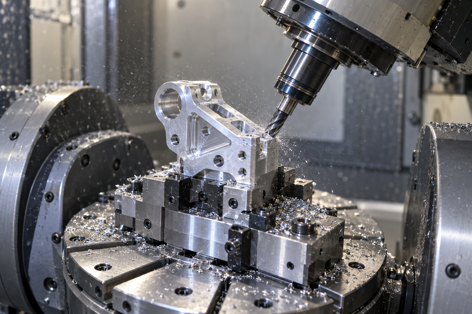Five-axis machining center rotary table clamps a multi-face part in one setup, tool approaches the machining face from the side
