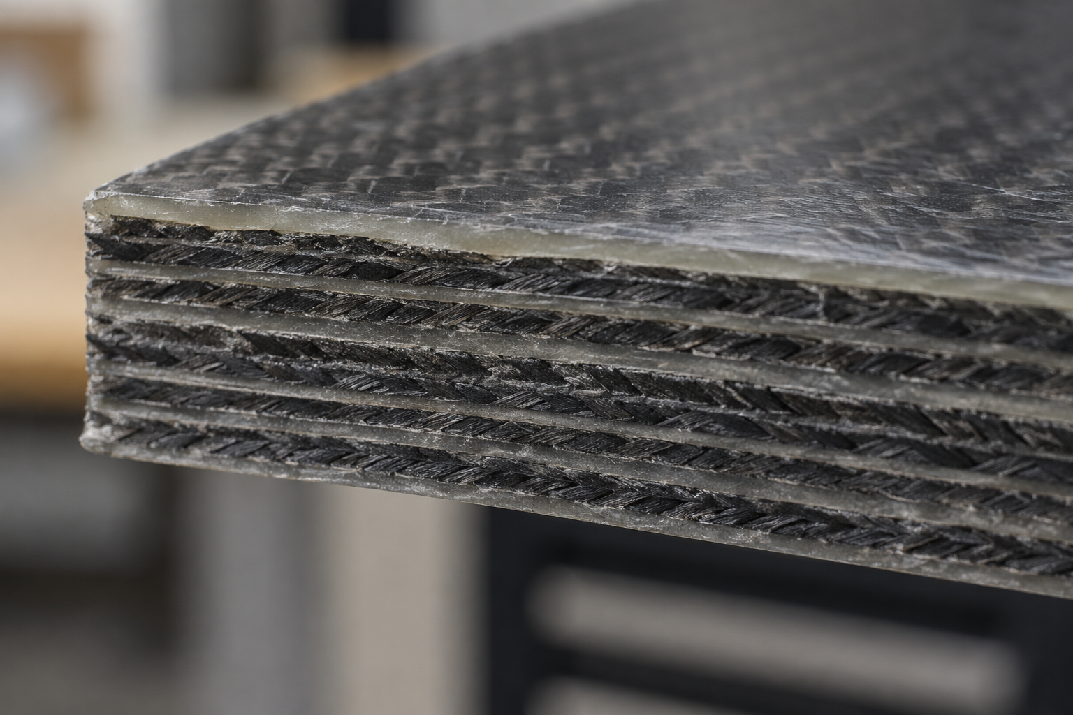Makroaufnahme der Kantenquerschnitts eines Carbonfaser-Laminats, sichtbare Lagen und Oberflächenschliffspuren