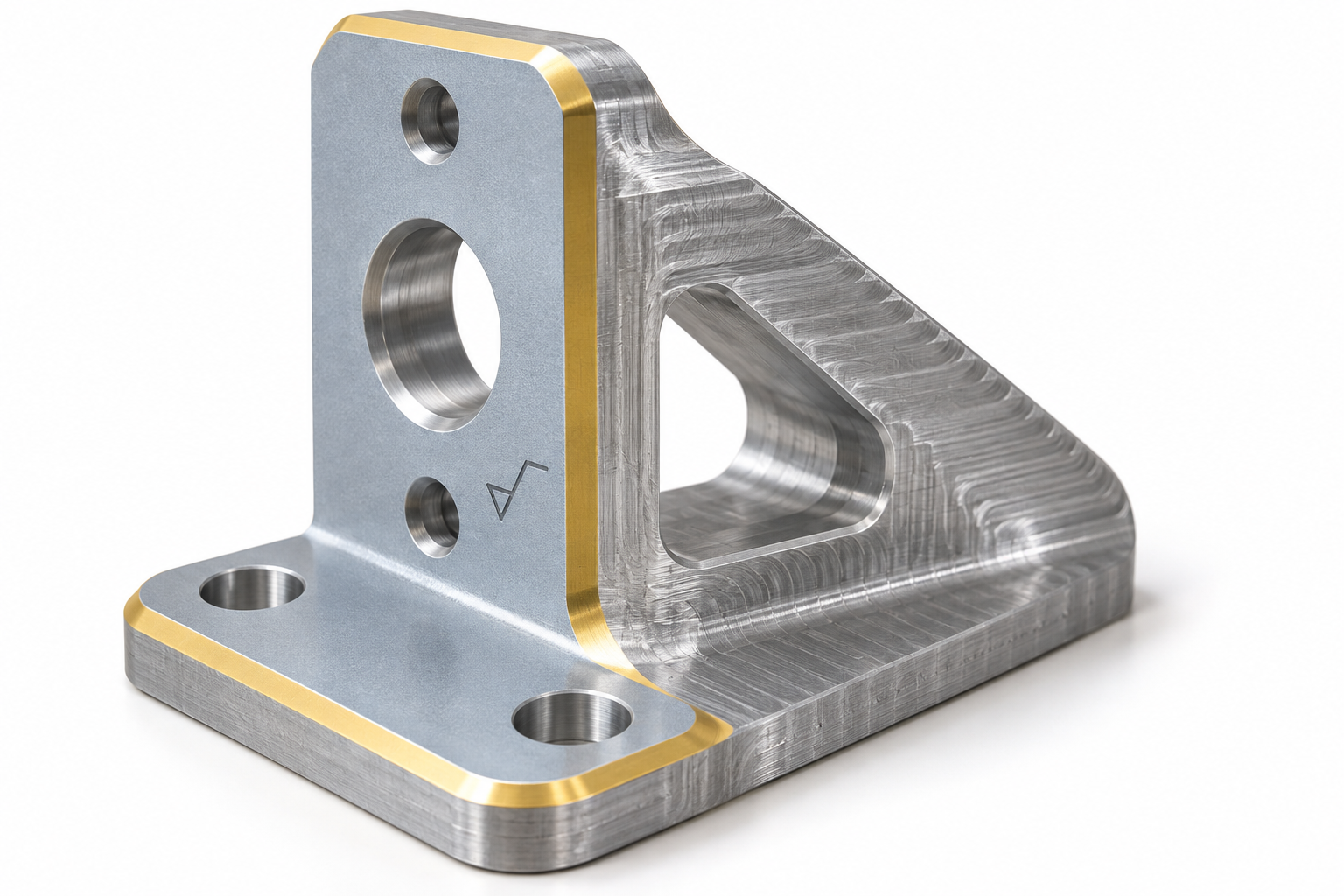 Schematische Darstellung der bereichsweisen Rauheitsangabe auf der Oberfläche einer Aluminiumhalterung: Montagefläche Ra1.6, nicht funktionale Fläche Ra6.3, scharfe Kanten entgraten