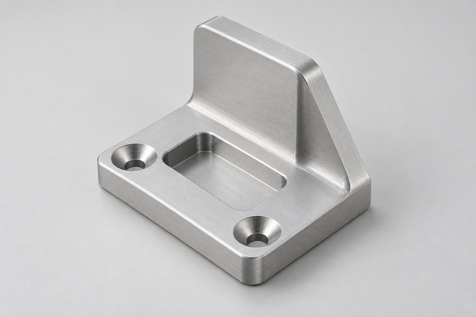 Isometrische Einzelteilansicht einer Montagehalterung aus 6061-T6-Aluminium, mit Bemaßung der Unterseite als Bezug, zwei Senkbohrungen und einer Frästasche
