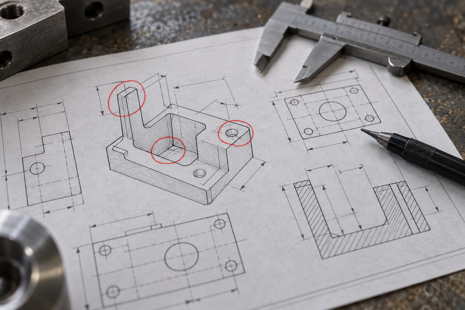 Cropped section of an engineering drawing, marking thin wall thickness, deep pocket internal fillets, and tool reach directions