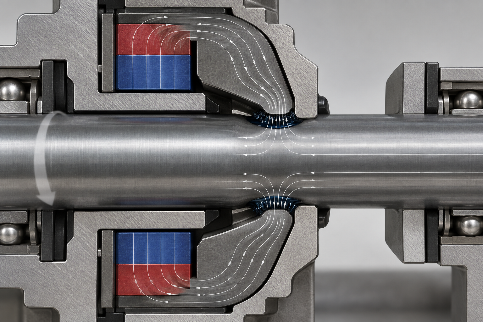 Schematischer Teilschnitt der Magnetflüssigkeits-Dichtungsvorrichtung: Permanentmagnet, Polzahn, Welle und der im Spalt von magnetischer Flüssigkeit gebildete Flüssigkeitsring
