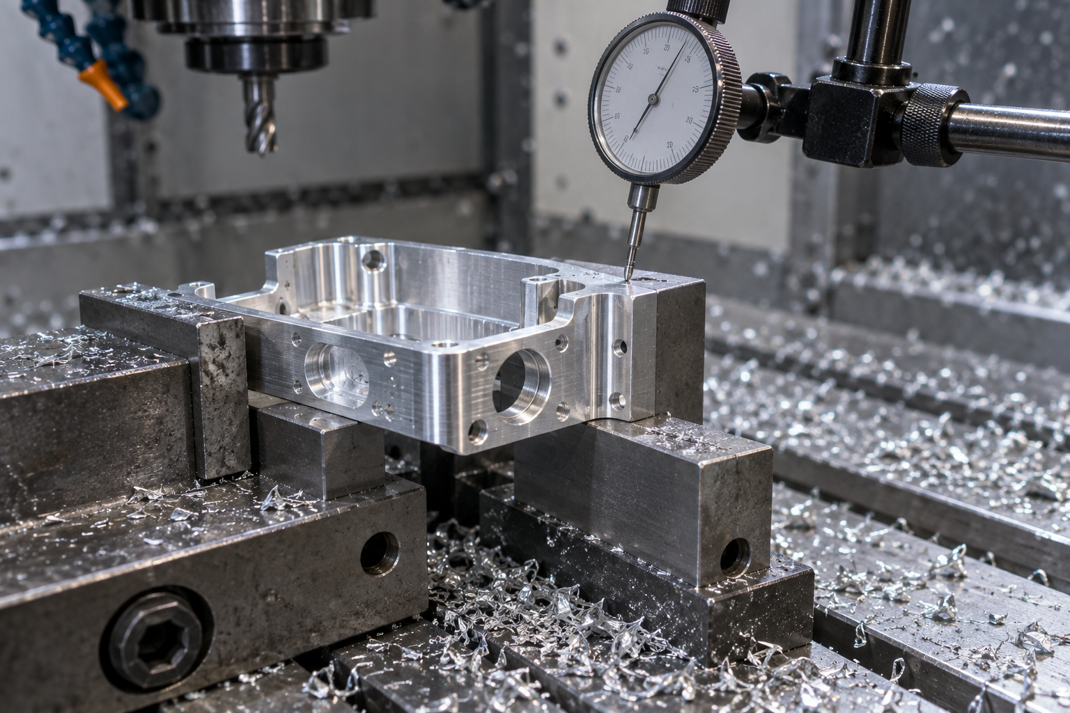 A thin-wall aluminum alloy part held by soft jaws on a CNC machining center table, with parallel blocks and a dial indicator beside it