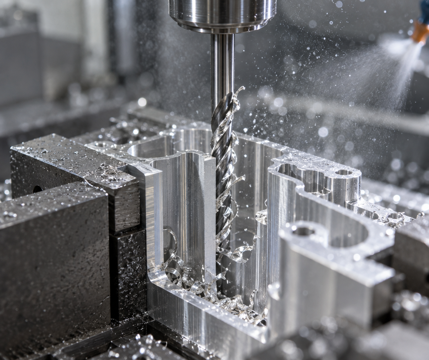 Thin-wall parts and deep-cavity structures in CNC precision part machining, showing tool accessibility and chip evacuation paths in confined spaces