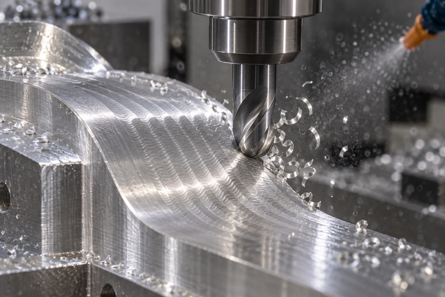 In CNC finishing, a ball-nose tool travels on a curved surface, showing scallop-shaped residual height between adjacent tool paths