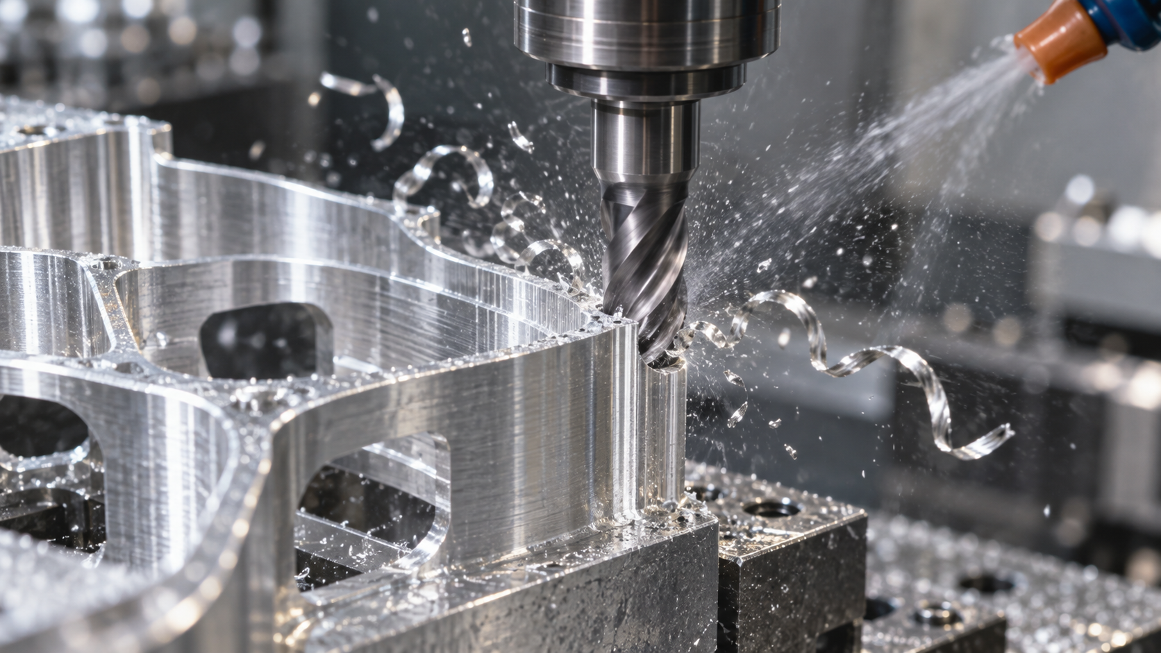 In CNC precision part machining, a close-up of chips flying out of the cutting zone during finish milling of a thin-wall aluminum part