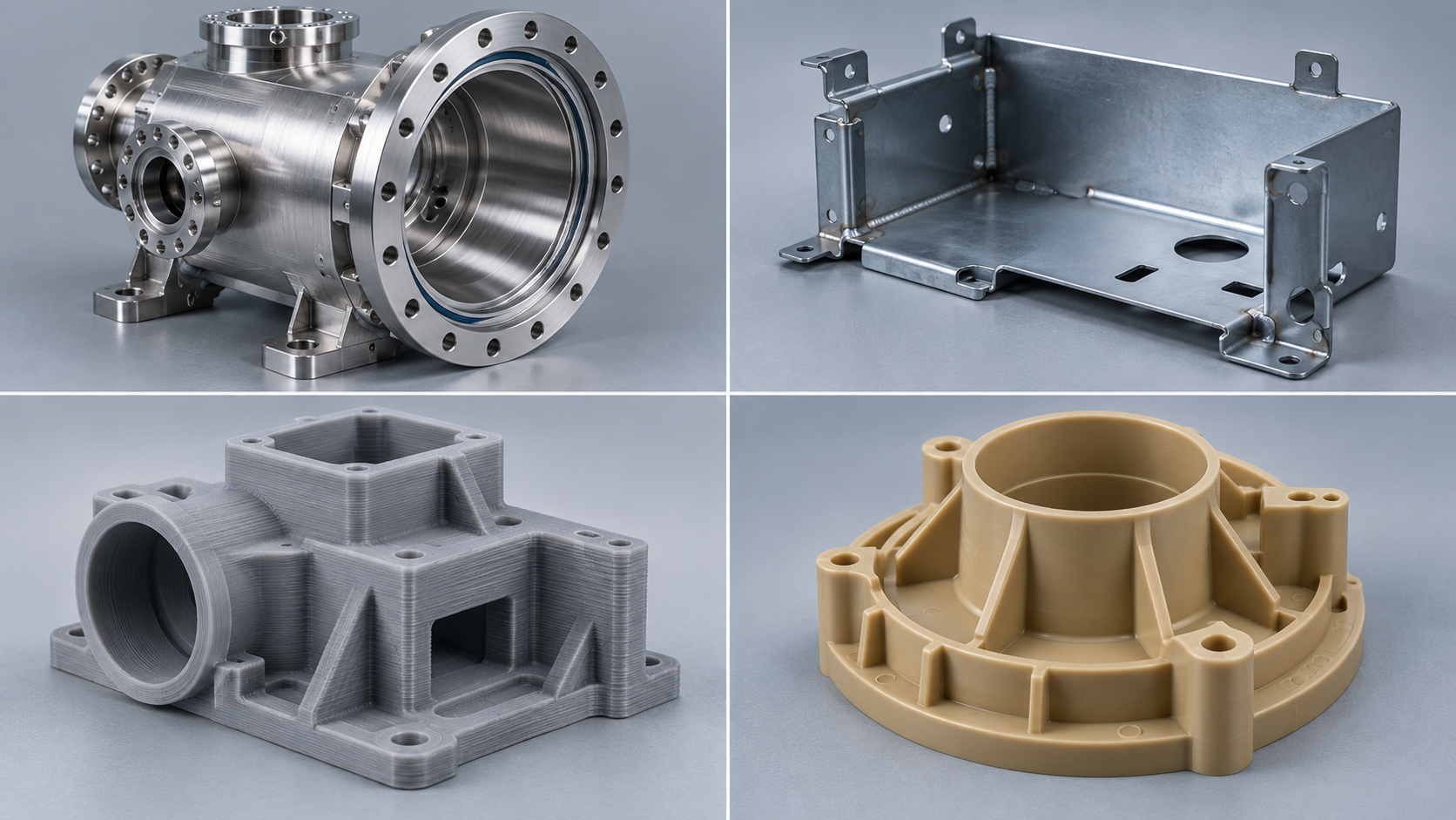 半导体零件按类型选工艺的对比示意:CNC 腔体、钣金支架、3D 打印试制件、注塑塑料件