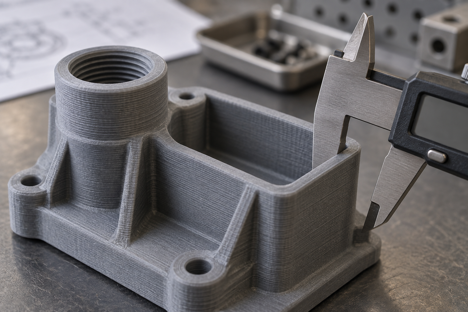 3D printed prototype part showing layer lines and a threaded boss, with a caliper measuring wall thickness