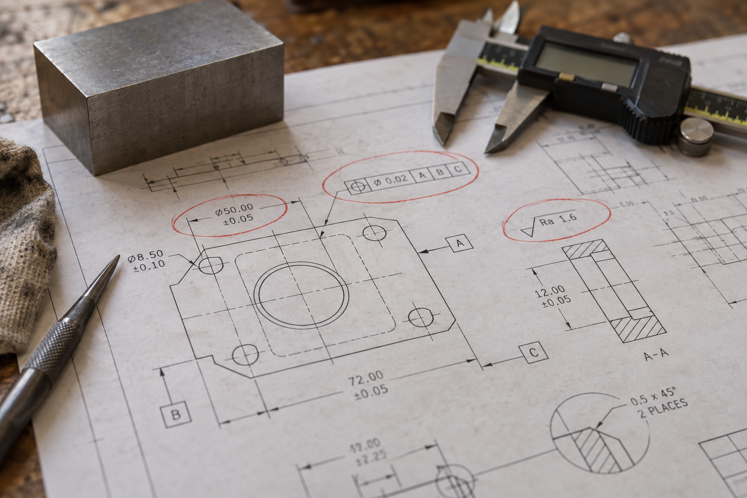 Primer plano de las tolerancias clave, símbolos de referencia y requisitos de rugosidad superficial anotados en un plano de ingeniería, con un calibre y una probeta de material al lado