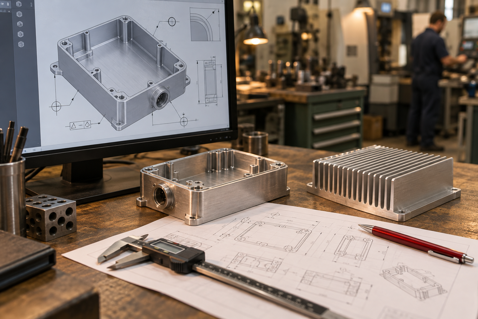 Scène de revue de plan DFM en usinage de pièces électroniques : un ingénieur vérifie à l'écran, sur le modèle 3D, les références de perçage, les congés intérieurs et l'accessibilité des outils en cavité profonde, à côté de pièces physiques de référence — un connecteur et un boîtier de dissipation