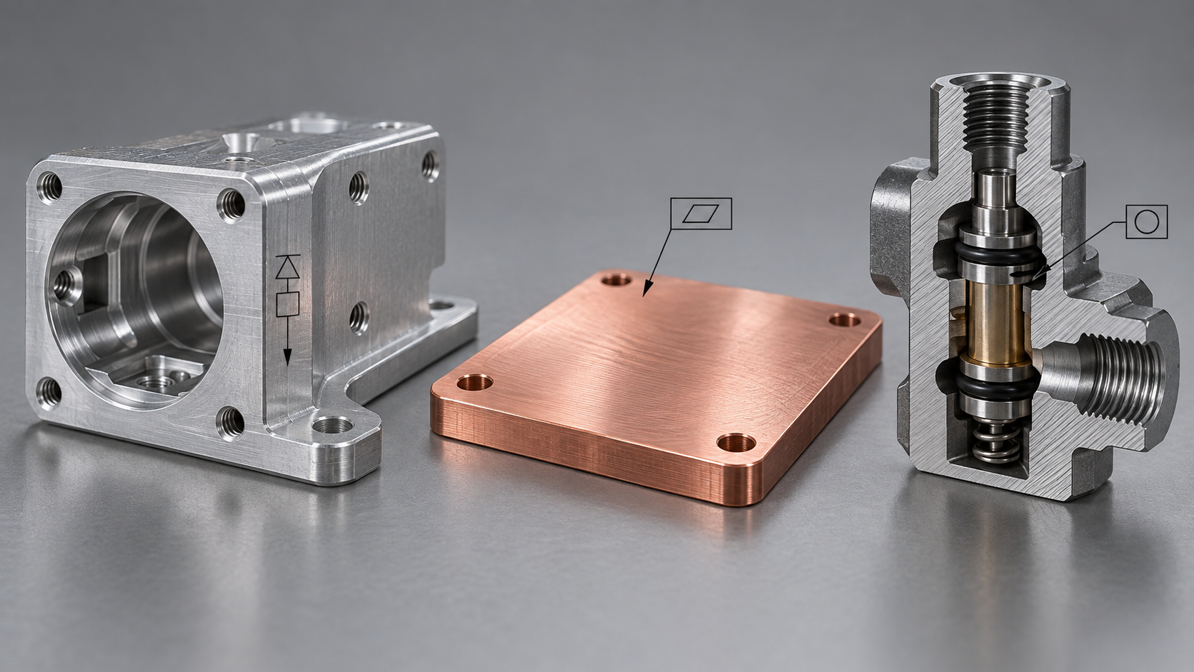 Schéma de cotation des dimensions clés d'un boîtier de connecteur, d'une plaque de dissipation et d'une section de corps de vanne dans l'usinage de pièces électroniques
