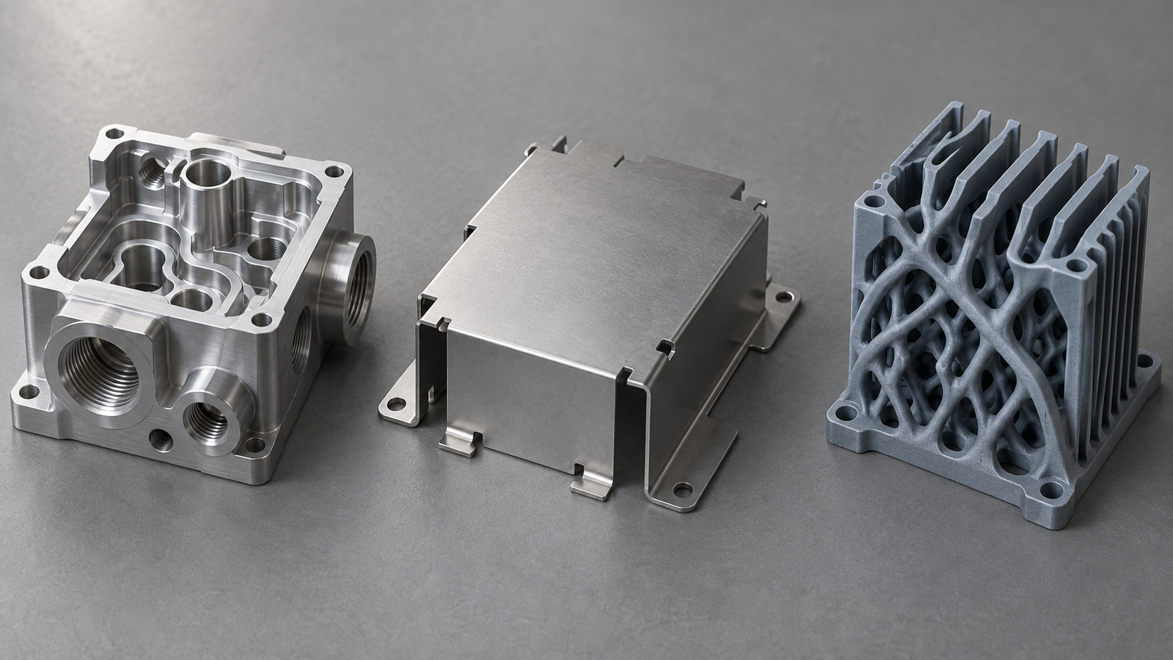 Illustration de la combinaison de plusieurs procédés dans l'usinage de pièces électroniques : un corps de vanne fraisé par CNC, un blindage EMI en tôle pliée et une structure de dissipation thermique de forme irrégulière imprimée en 3D, présentés côte à côte