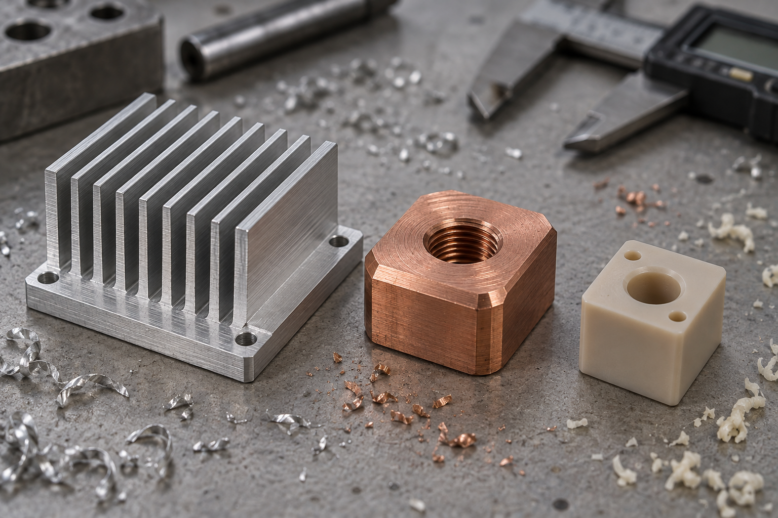 Comparaison des matériaux pour pièces électroniques en usinage CNC : dissipateur en aluminium, insert en cuivre et pièce isolante en PEEK présentés côte à côte