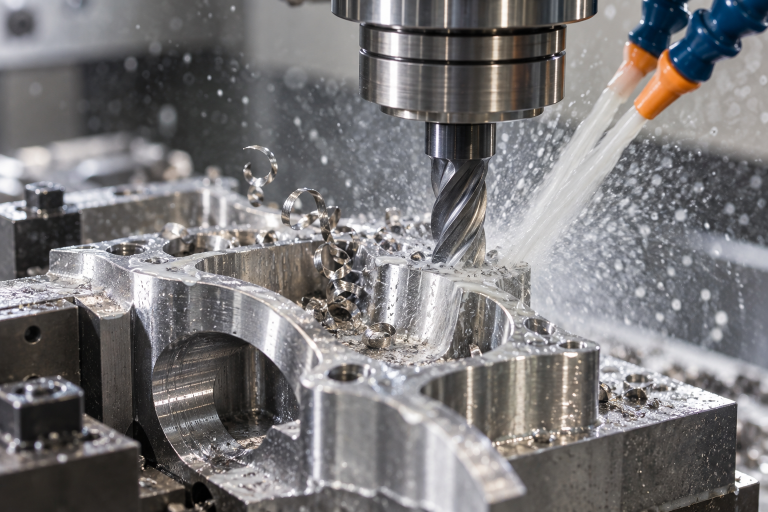Feinbearbeitung eines Nichtstandard-Präzisionsteils auf einer CNC-Maschine, Kühlschmierstoff spült die Werkstückoberfläche